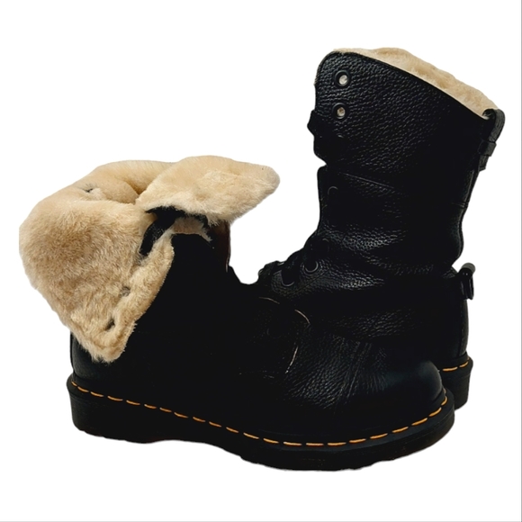 Dr. Martens Shoes - Dr. Martens Aimilita Black Leather Combat Boots Fur Lined Mid Calf Foldover US 8